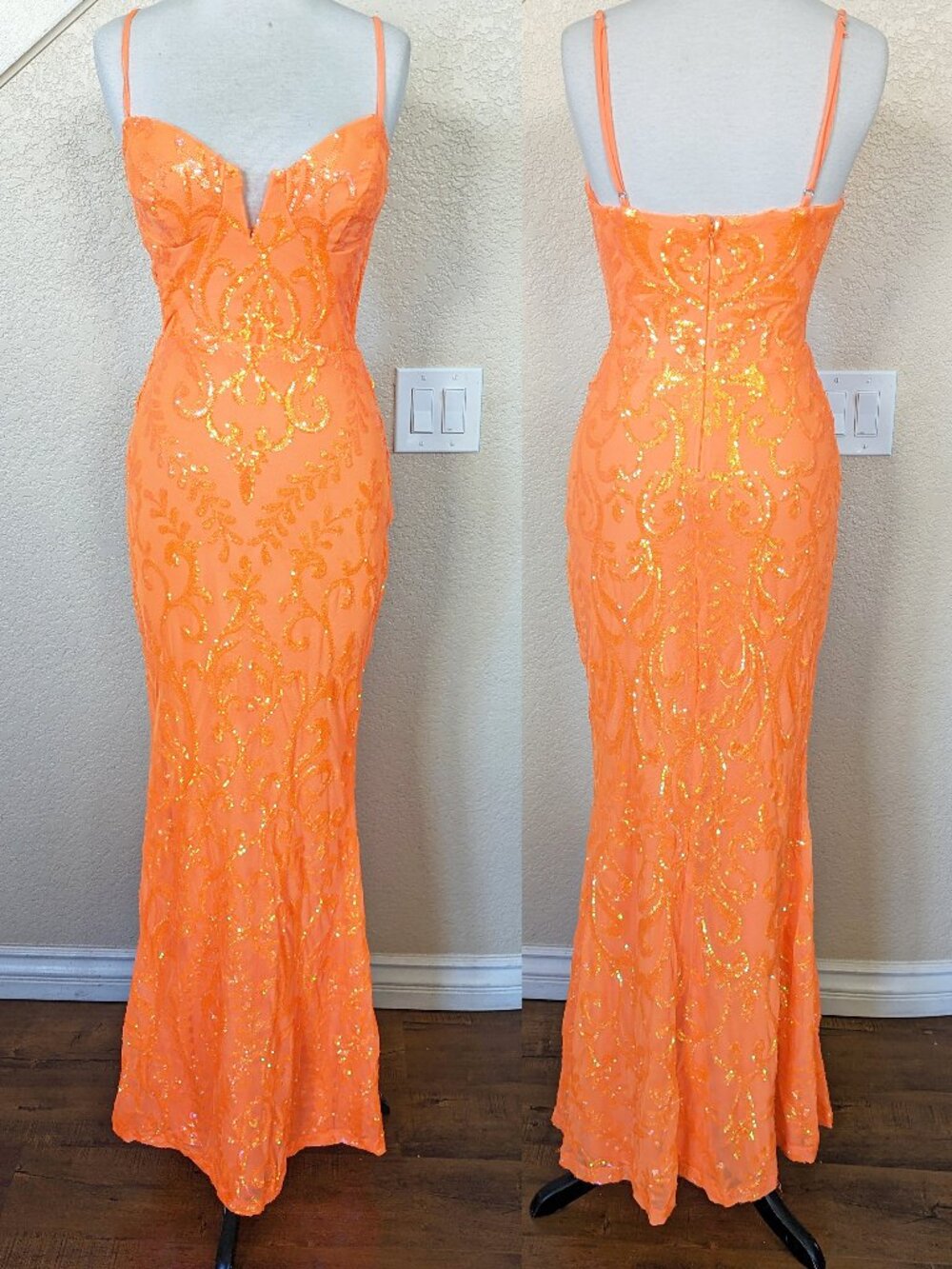 Neon Orange Sequin Formal Prom Evening Dress 6